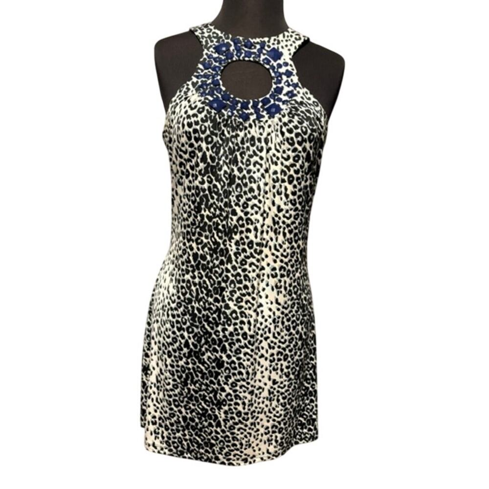 Cache Black White Animal Print Blue Jeweled Neck Sleeveless Halter Dress Sz S